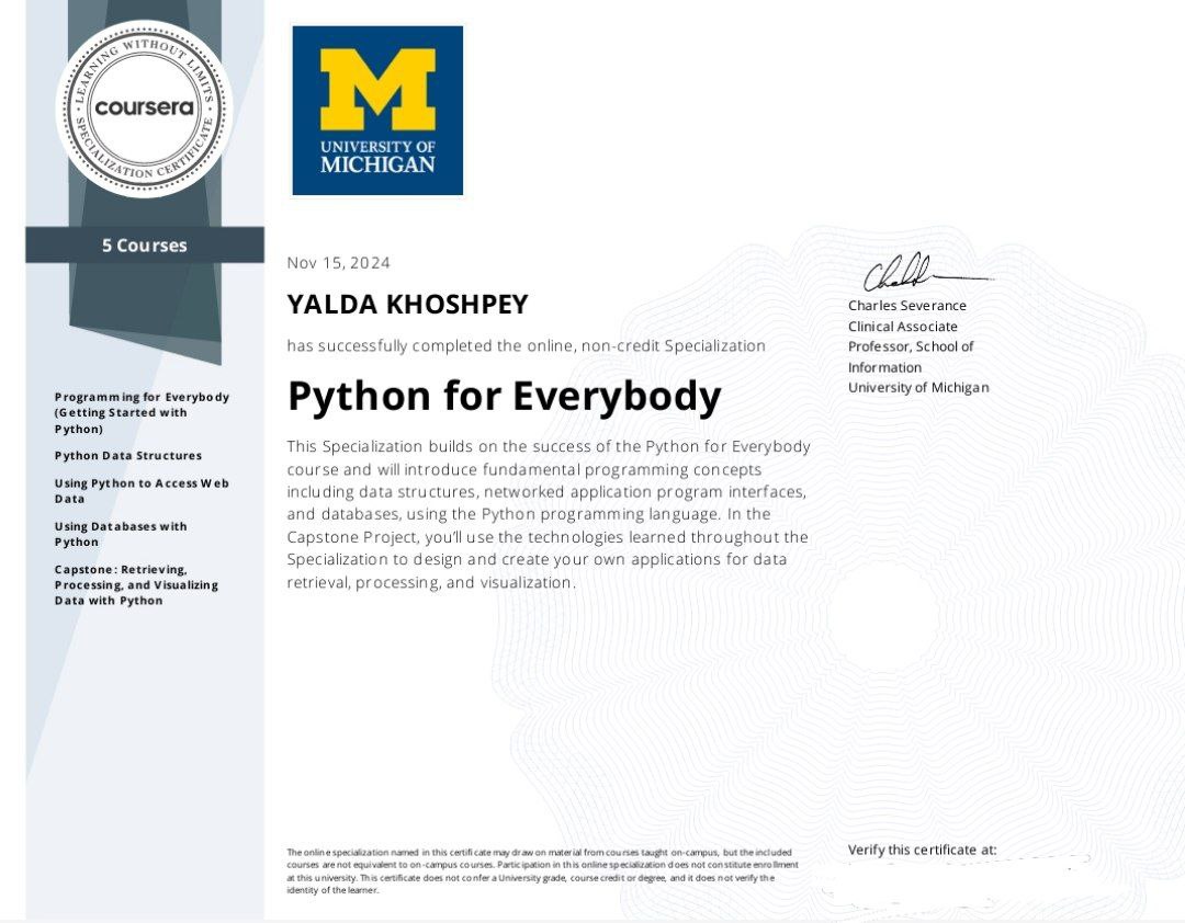 Python for Everybody Specialization Certificate